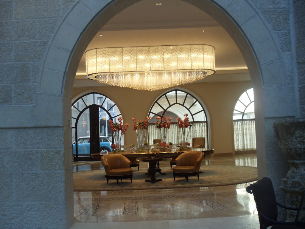 Waldorf Astoria Jerusalem lobby flower arrangements.